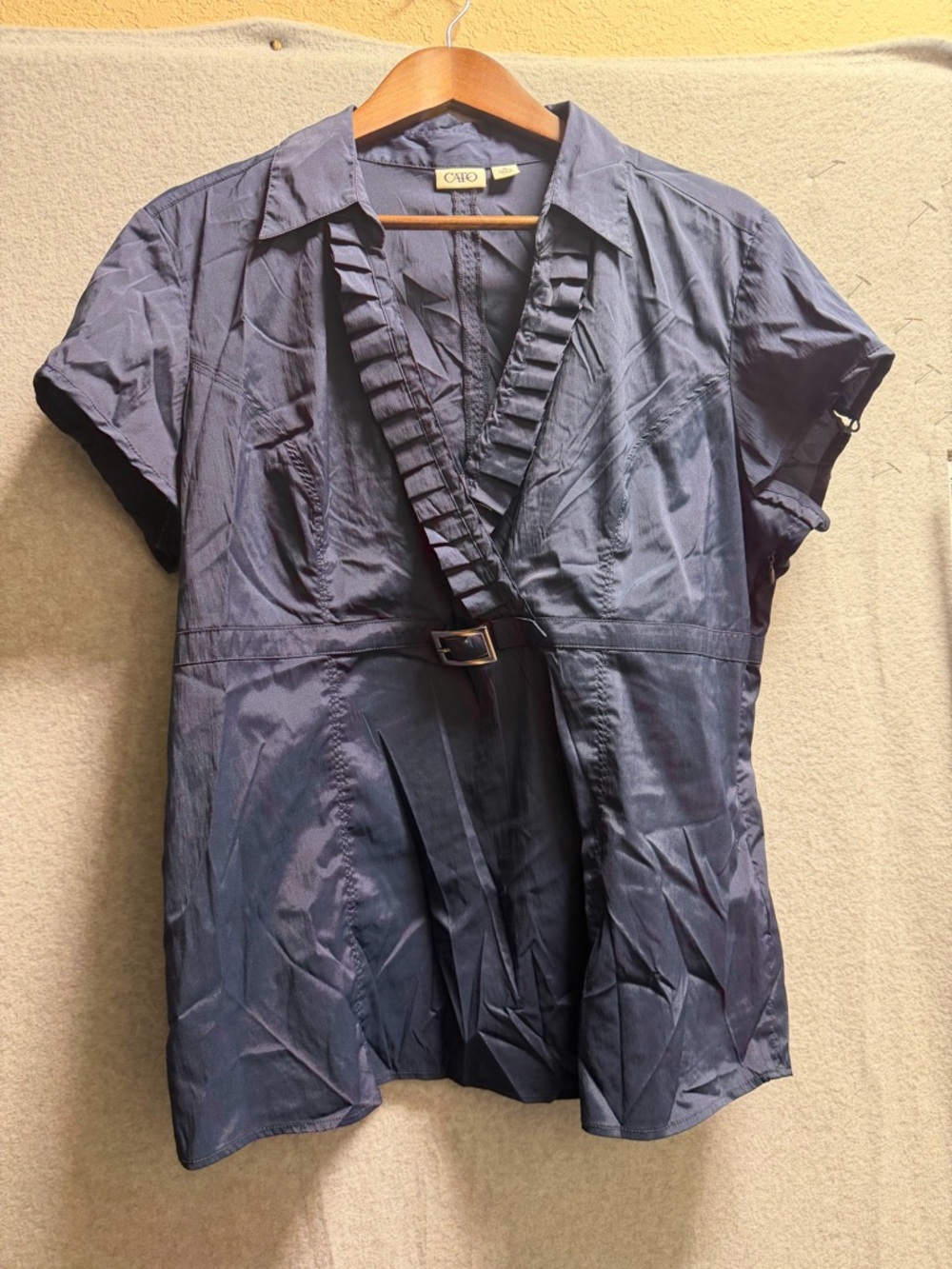 Cato Navy Ruffle-Trim Short Sleeve Wrap Blouse